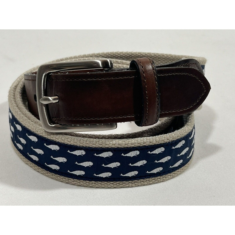KKG Whale Belt‎ Mens 40 Embroidered Coastal Prep Nantucket Leather Trim